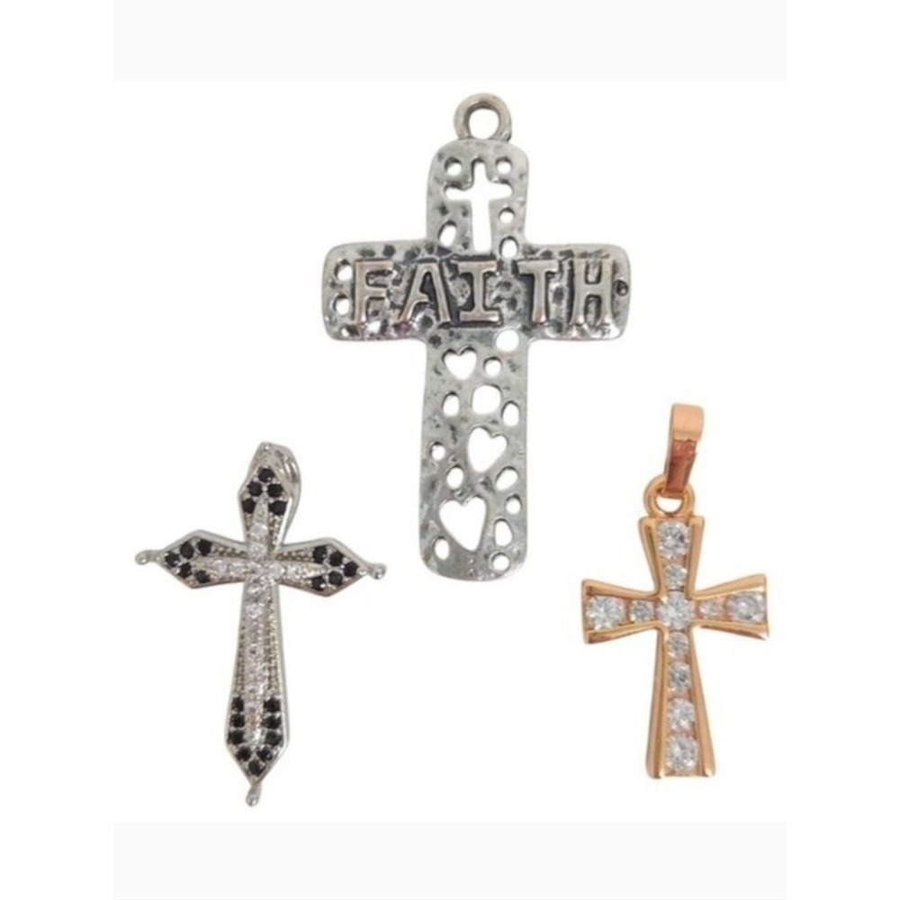 Christian Cross Rhinestone‎ Black Silver Gold Pendants for Necklaces (Set of 3)